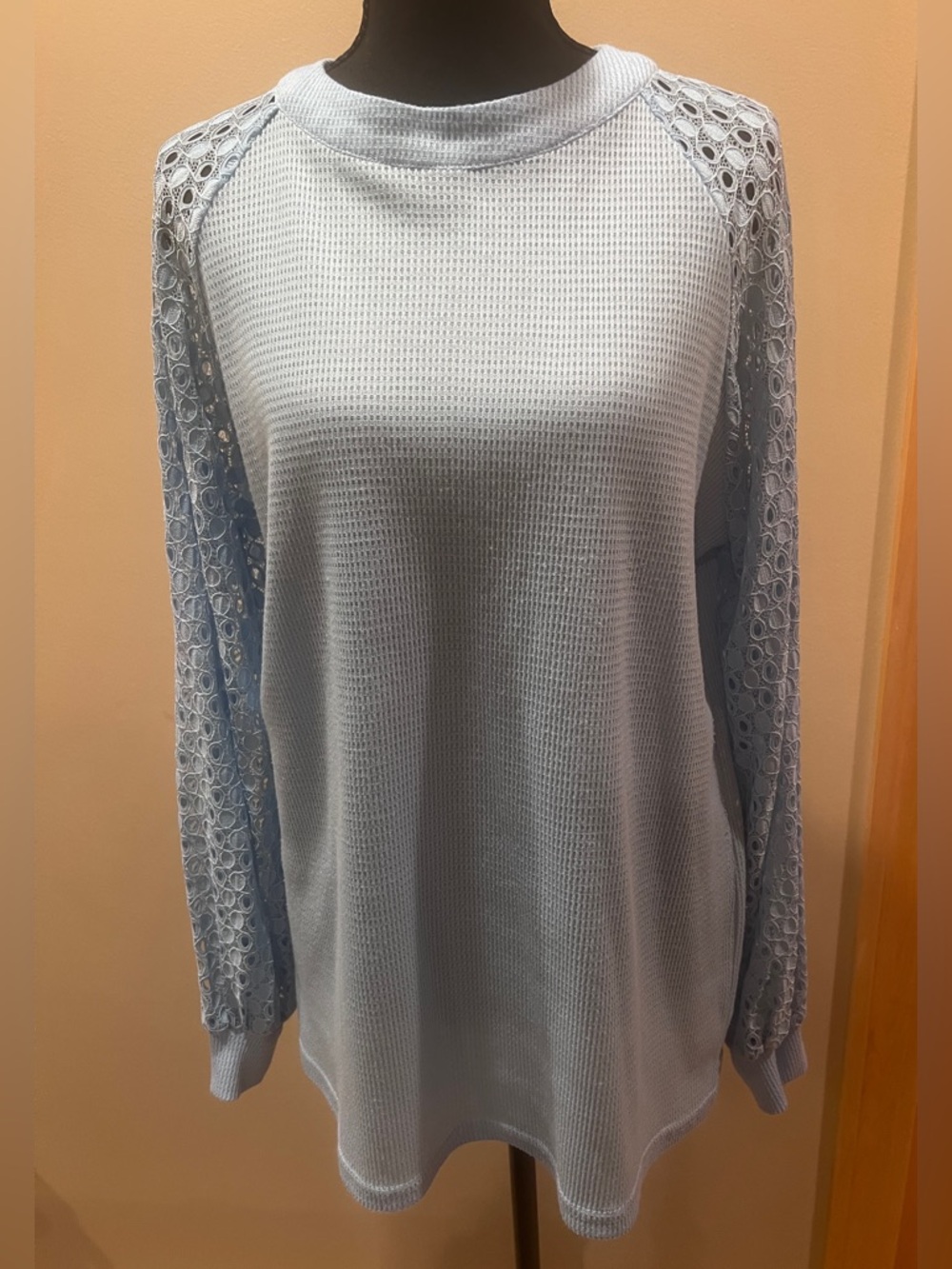 Miholl Women’s Boho Chic Blue Waffle Knit Blouse Eyelet Lace Long Sleeves Top L